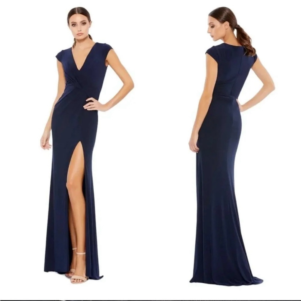 NWT Mac Duggal Long Cap Sleeve Slit Dress Gown Blue Jersey 26504 size 6 reg $298